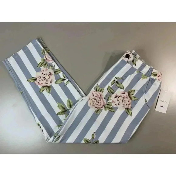 RVCA Womens NWT Scrunchie Pant Size Lg 12 Floral Button Front Elastic High Waist - Picture 1 of 16